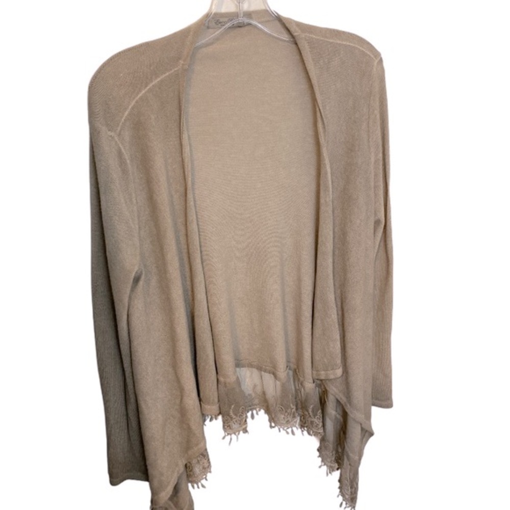 ELENA BALDI Italian Tan Viscose Lace Trim Open Cardigan Sweater S